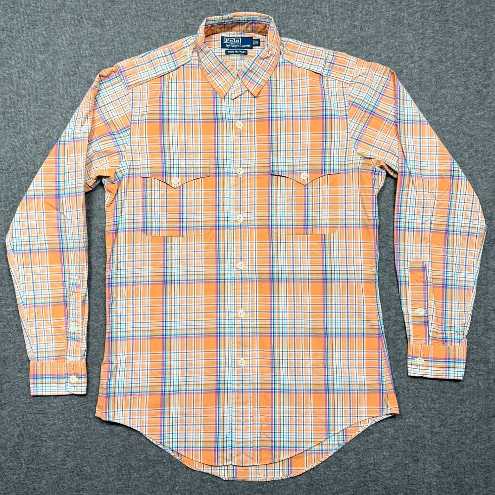 Polo Ralph Lauren Shirt Men Medium Orange Blue Plaid Trim Military Long Sleeve M